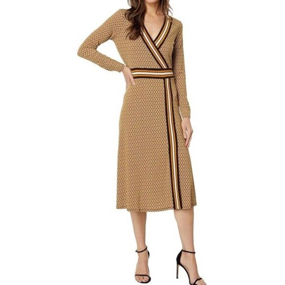 Michael Michael Kors Dresses & Skirts - MICHAEL Michael Kors Tan Patterned Wrap Midi Dress with Black and White Stripes